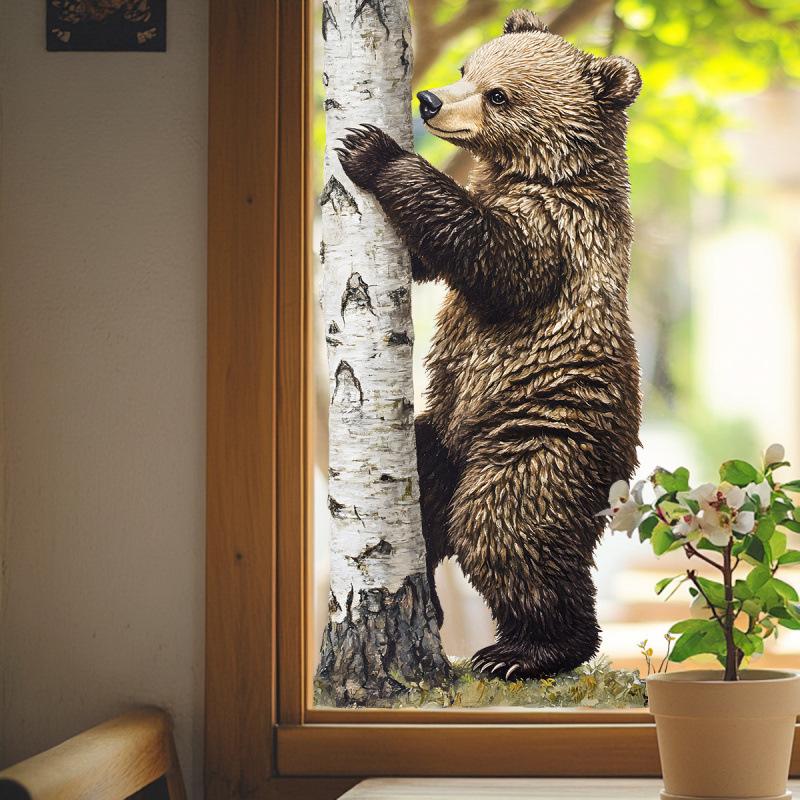 Realistic Cute Bear Window Sticker Transparent Removable Double Sided Glass Wall Decal for Home Shop Window Decor