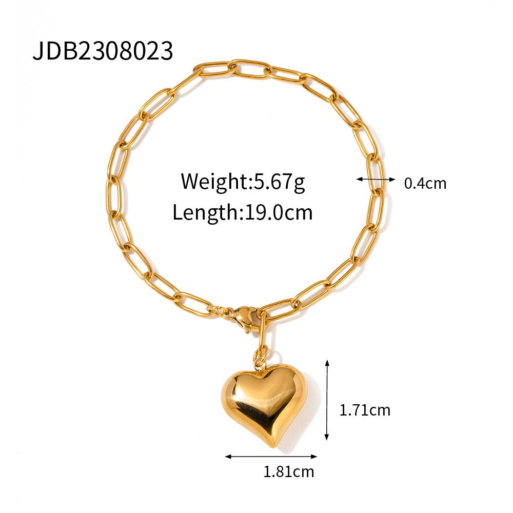 Youthway New Stainless Steel Three-Dimensional Chubby Heart Paper Clip Chain Bracelet Necklace Set Golden Jewelry For Women