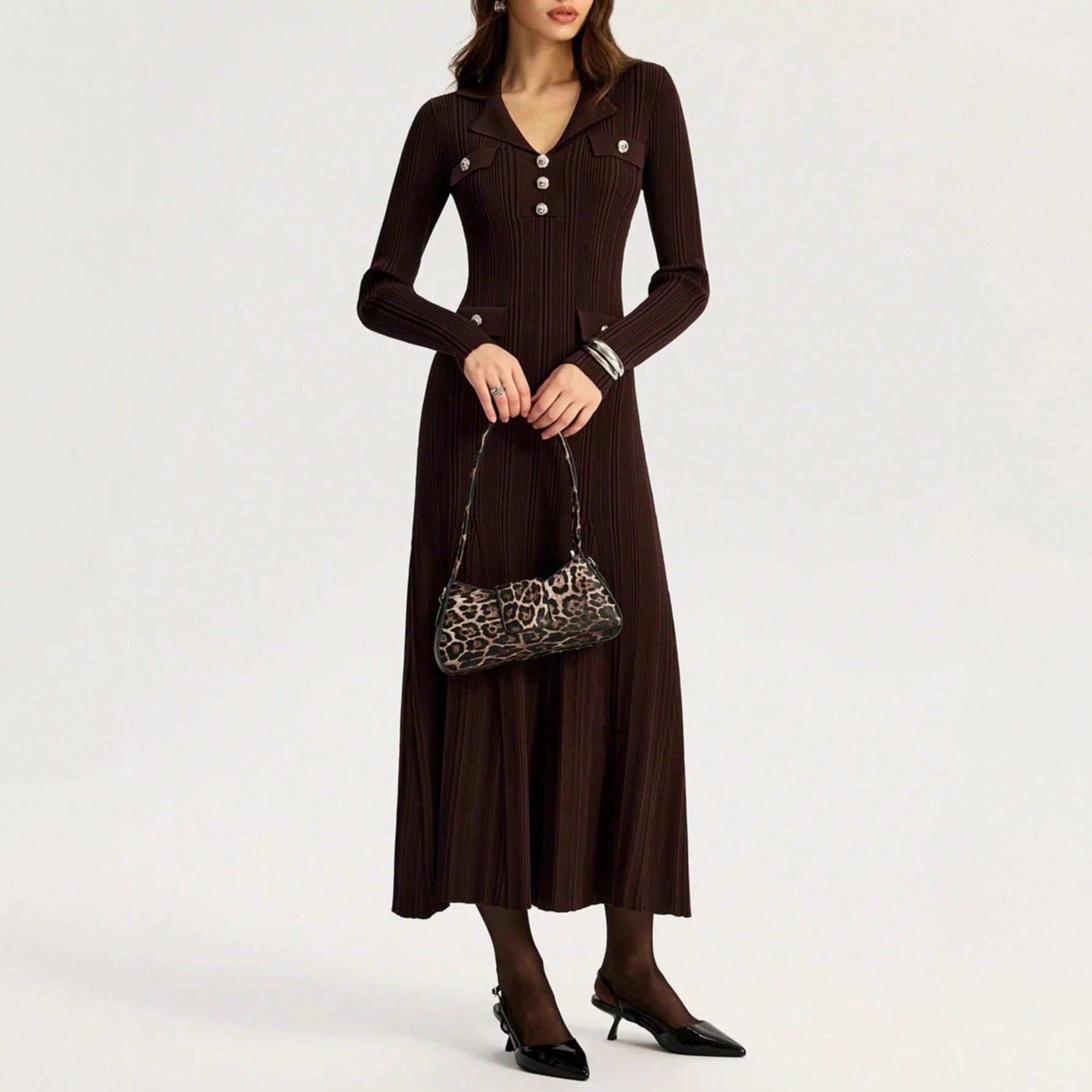 Elegant Black Long-Sleeve Knit Dress: Slim-Fit Style for Autumn/Winter Small
