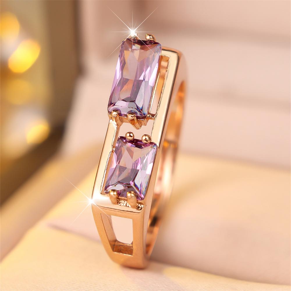 Purple Crystal Zircon Rectangle Stone Rings For Women Vintage Gold Color Engagement Bands Wedding Jewelry Accessories