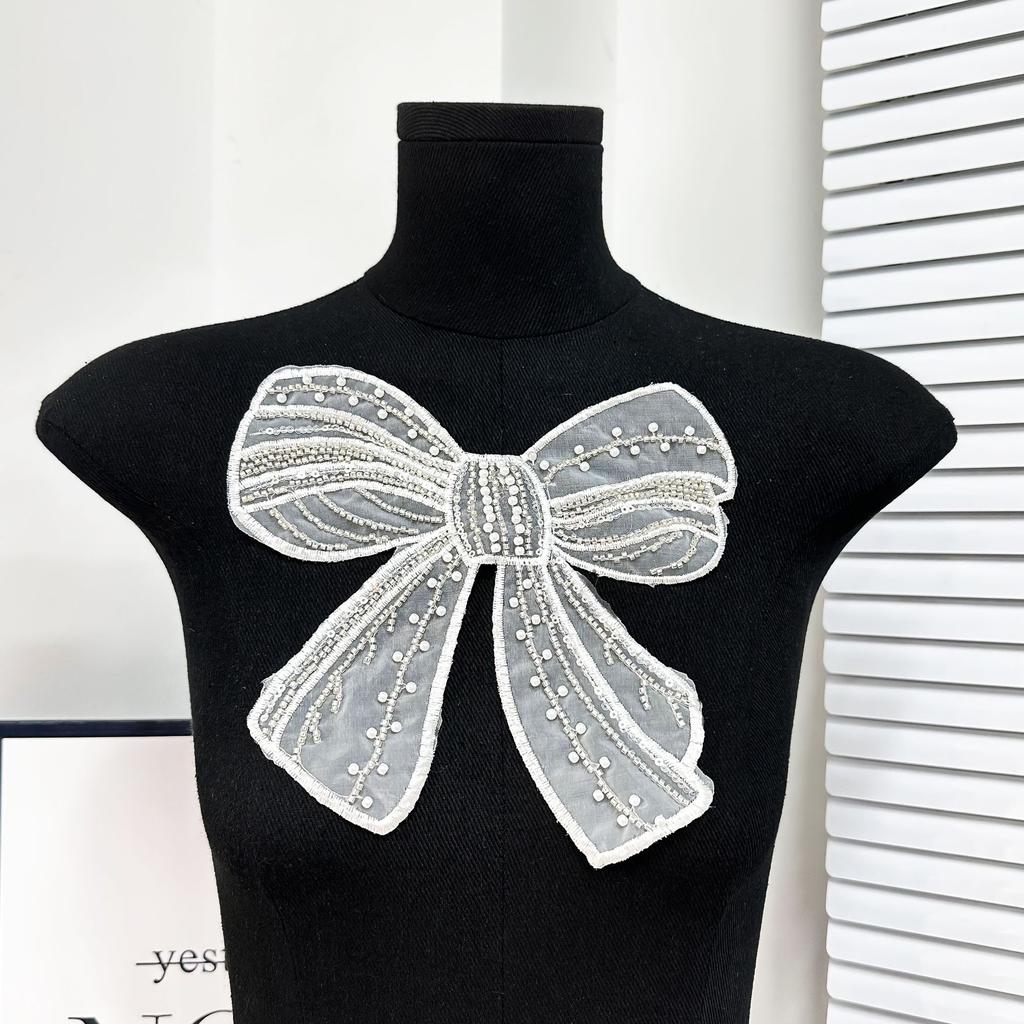 White Beaded Organza Bow Patch Sticker Clothing T-Shirt Top Children'S Clothing Decorative Cloth Sticker Accessories