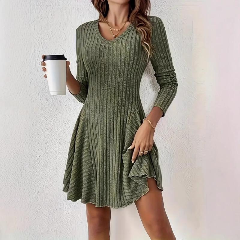 2025 Spring Autumn Knitted V-neck Long Sleeve Sweater Dress Elegant Slim Fit Women Casual Simple A-line Short Dress Fashion Solid Color Party Clothing