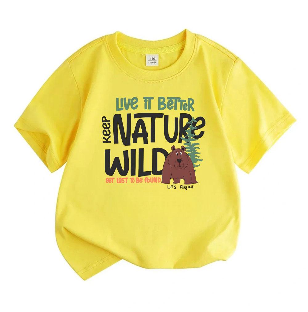 Kids Boys Girls 100% Cotton Crew Neck Short Sleeve T-Shirt, Keep Nature Wild Bear Pine Tree Print Casual Tees for Outdoor Hiking Nature Loving Childre