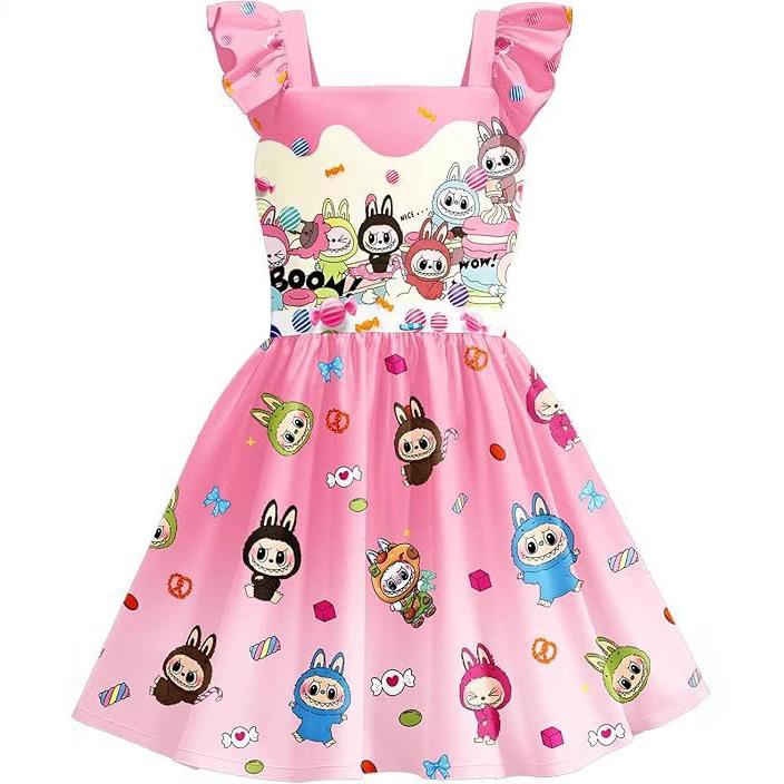 Summer new LABUBU cartoon cute children's nightdress short-sleeved ruffle edge thin digital print