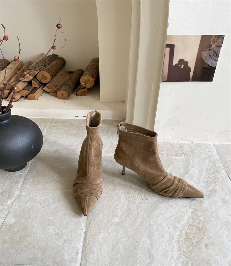 

2025 new autumn and winter new women s shoes medium thin heel pointed matte leather side zipper short tube women 39 хаки