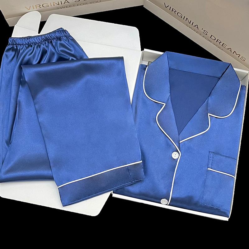 Diamond Blue Gift-Giving High-End Loungewear Can Be Worn Outside In Spring And Summer, Long-Sleeved Lapel Two-Piece Set