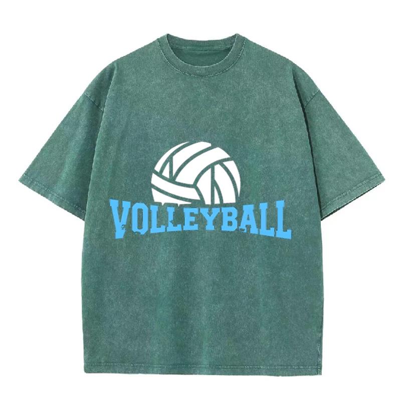 Volleyball Print Vintage Washed Black T Shirt Men Sports Casual Short Sleeve Tee