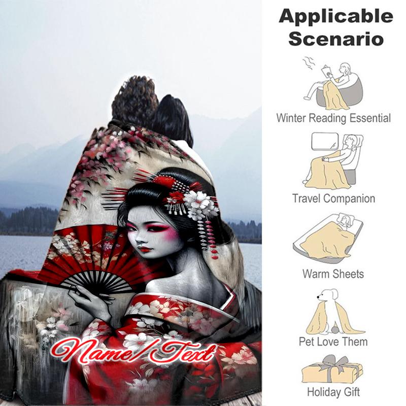 1PC Custom Name Elegant Geisha Fan Art outdooor Flannel blankets Throw Blanket All-Season Throw Gift Bedspread for Couch, Bed, Camping Holiday Birthda