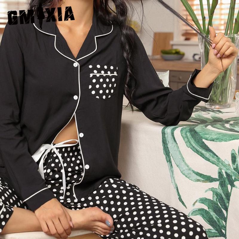 GMXIA Homewear Suit Autumn and Winter Models Polka Dot Long-sleeved Cardigan Shirt Trousers Pajamas Two-piece Set