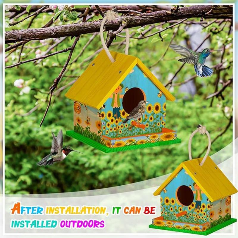 1PC Bird House Kits for Adult Wooden DIY Birdhouse Kit Outdoor Freestyle Painting Arts & Crafts Projects with Paints Brushes