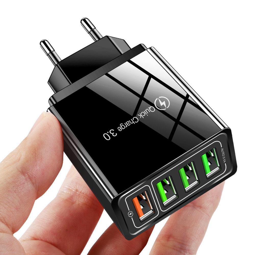 LED QC3.0 Multi-Port Fast Charger with 4 USB Ports and Global Plugs (US/EU/UK/AU) for Mobile Phones