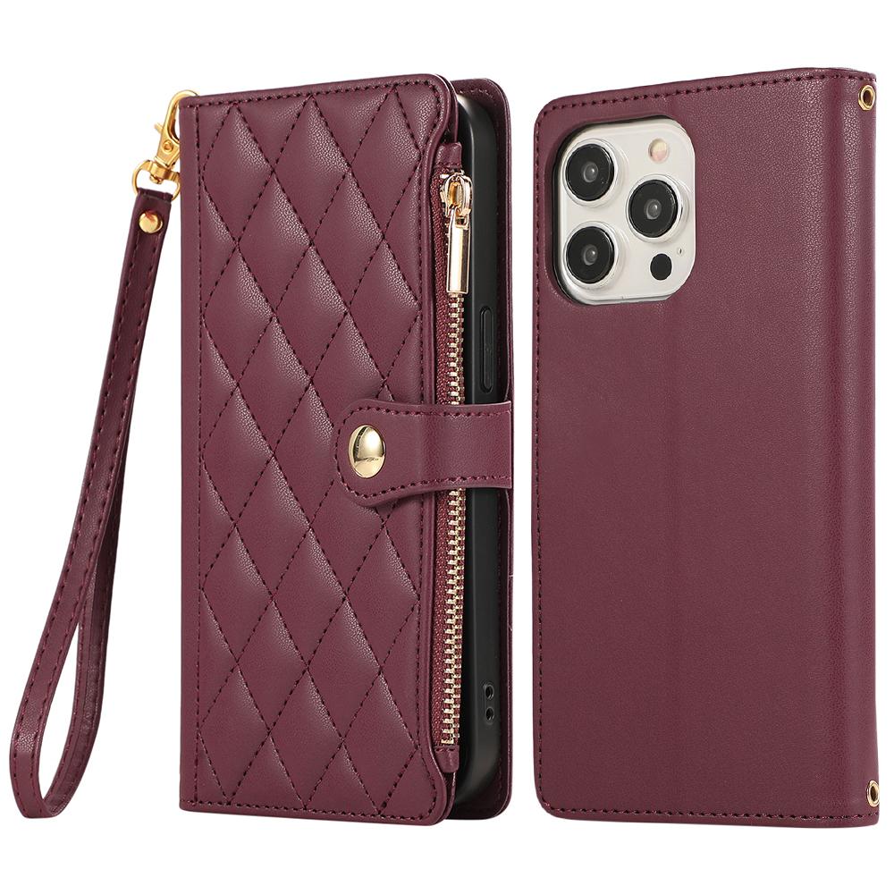For iPhone 15 Pro Case Multi Card Slots Zipper Rhombus Leather Phone Cover with Wrist Strap