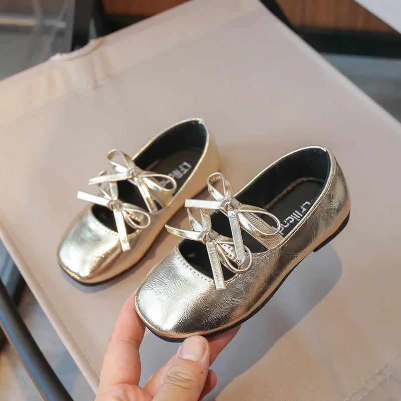 

Kids Square Dance Performance Shoes Black Solid Girls Princess Shoe with Double Bow New Girls Leather Shoes Soft Sole 23 золотой