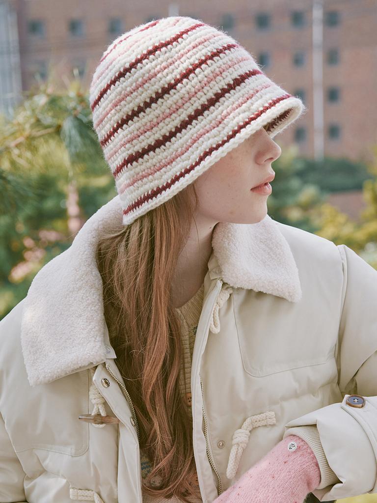 Olinkeompeulliteu Wool Striped Crochet Hat (Pink)