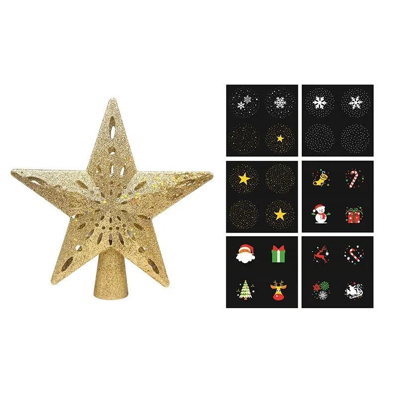 Snowflake Stars Christmas Tree Toppers Built-in LED Xmas Tree Lighting 3D Glitter Projection Silver Gold Party Decor