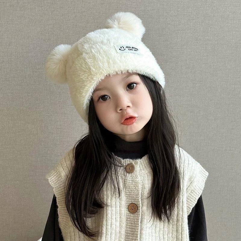 

Cute Fluffy Balls Ears Soft Plush Knitted Cold Hats For Outdoor Baby Boy Girl Windproof Winter Autumn Winter Warm Earflap Caps