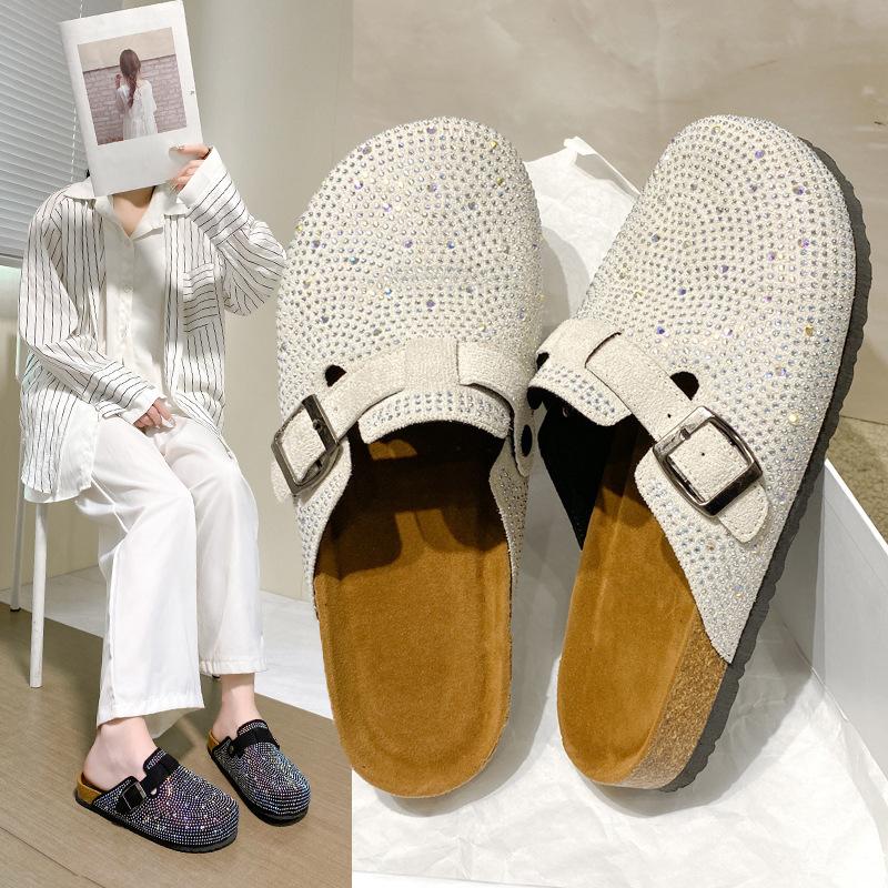 Large Size Bag Head Slippers Women's New Thick-soled Casual Belt Buckle Muller Shoes Rhinestone Lazy Slippers