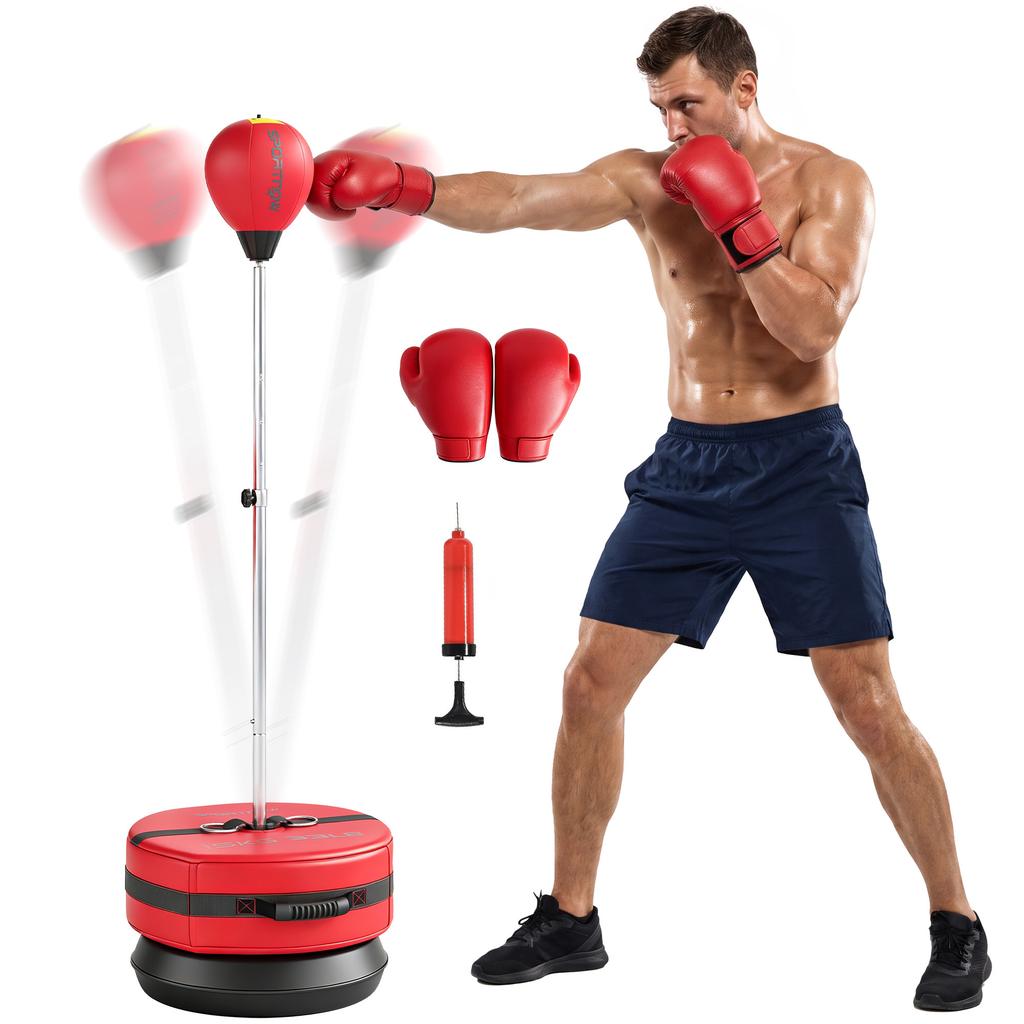 Punching bag with stand, 125-145 cm height-adjustable boxing set, freestanding speed ball with gloves and air pump
