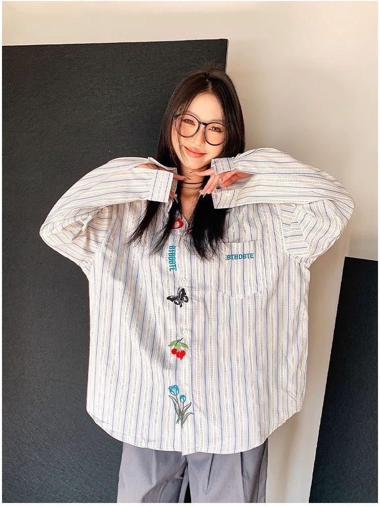 Unisex Retro Striped Long-Sleeve Embroidered Shirt: Versatile Casual Wear for Spring & Autumn