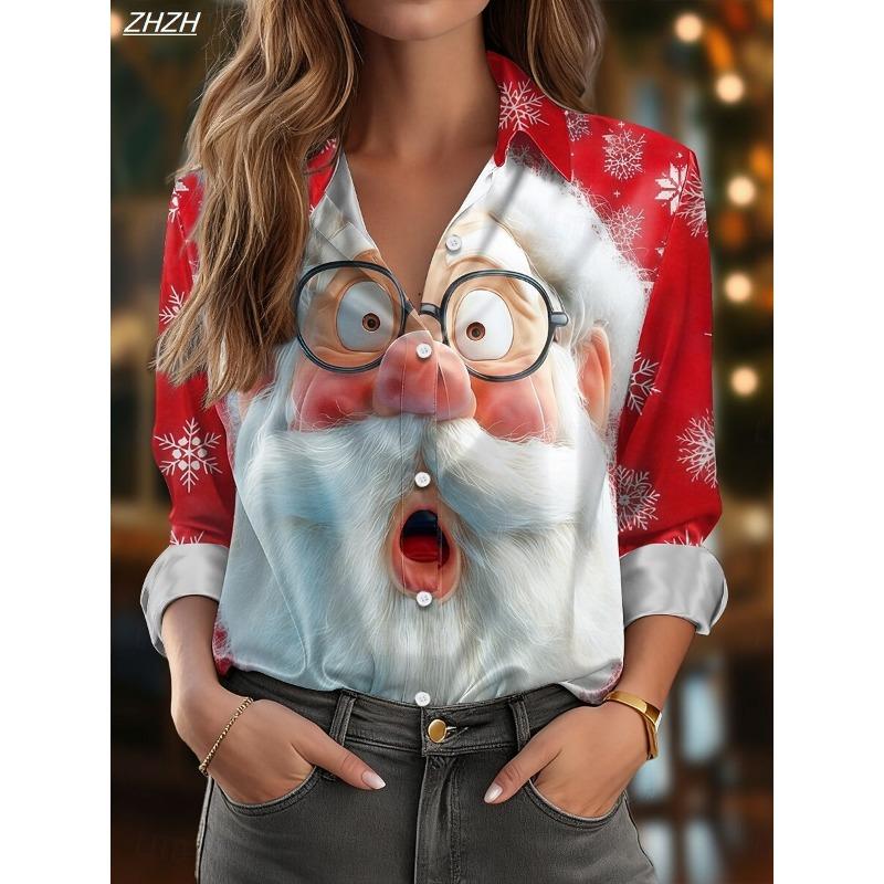 Women's Christmas Santa Blouse, Elegant Shirt Collar Design, Vintage Holiday Office Wear, Fall Winter Work Daily Fashion