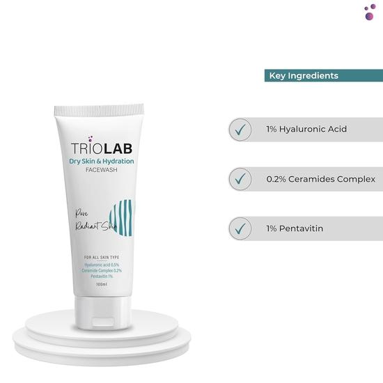 TRIOLAB Dry Skin & Hydration Face Wash | Hydrating Facewash for Dry Skin Face Women & Men | Non-Drying Cleanser for Soft Skin
