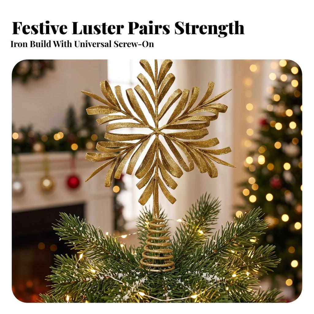 Christmas Tree Top Finial | Glittery Openwork Design, Gold-Toned, Ornament, for