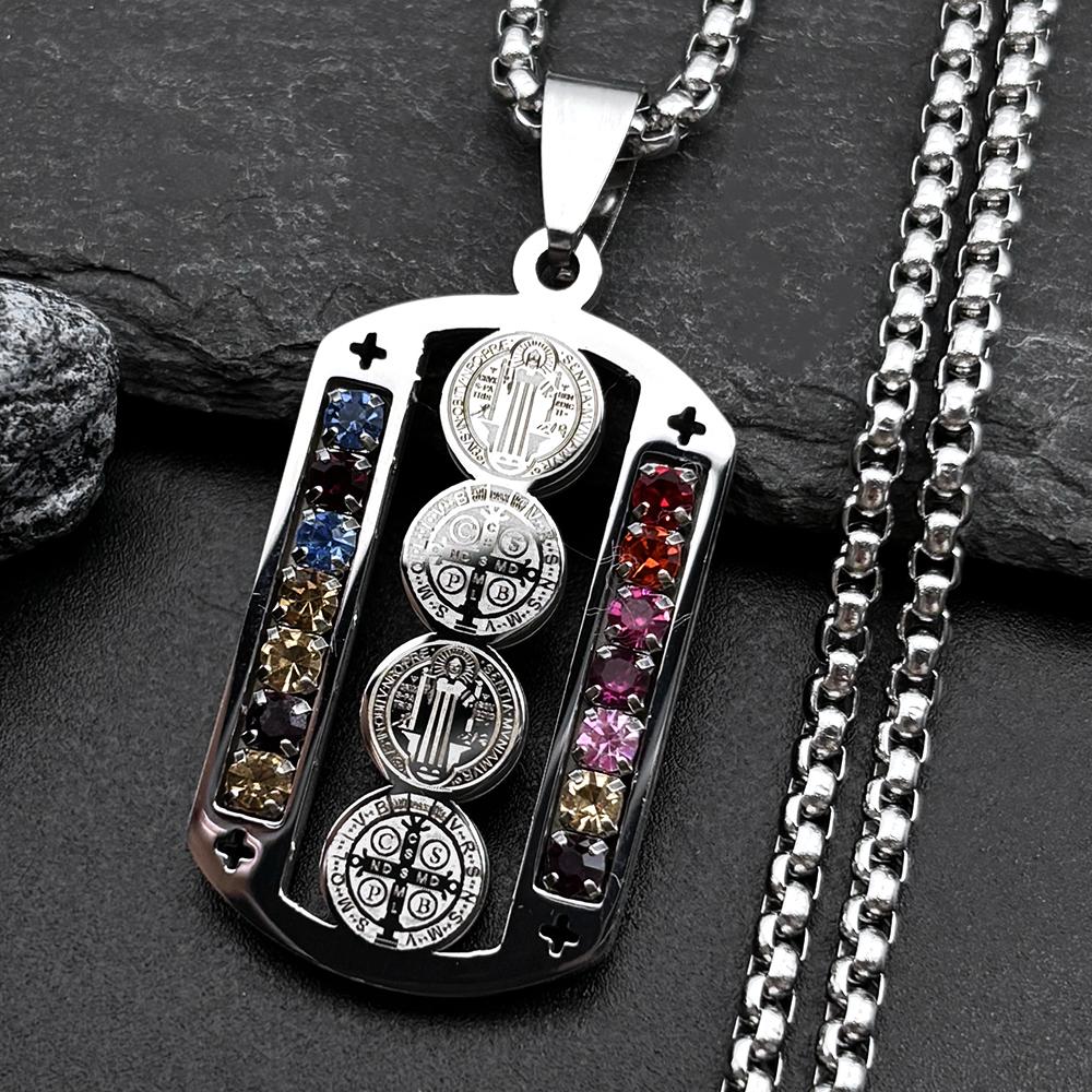 Stainless Steel Mix Color Crystal Saint Benedict Pendant Necklace Color Christian Necklaces Jewelry San Benito N6571SR