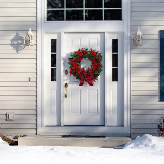 15 Inch Christmas Wreath for Front Door Artificial Greenery Wreath with Red Berries And Buffalo Plaid Bow for Holiday Indoor Outdoor Wall Farmhouse