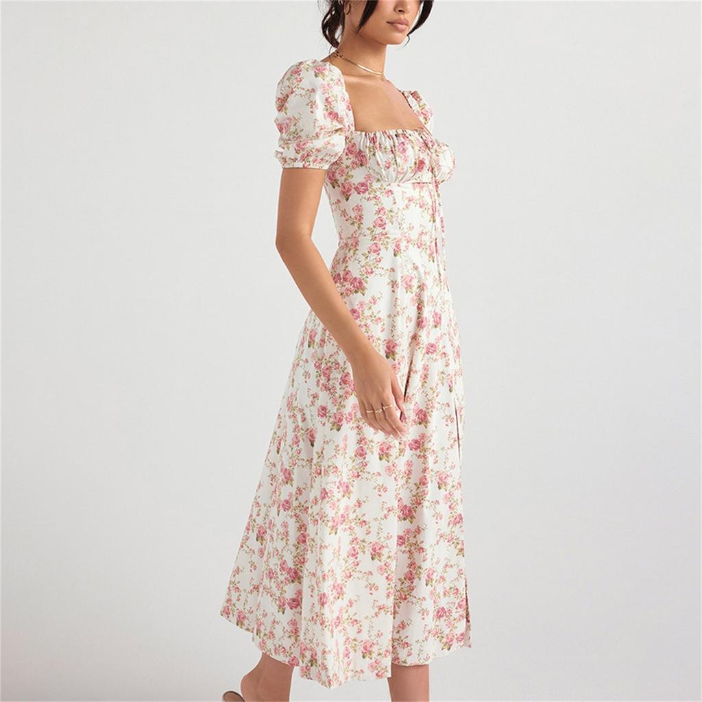 Women Summer Casual Short Sleeve Split Floral Printed Ladies Dress