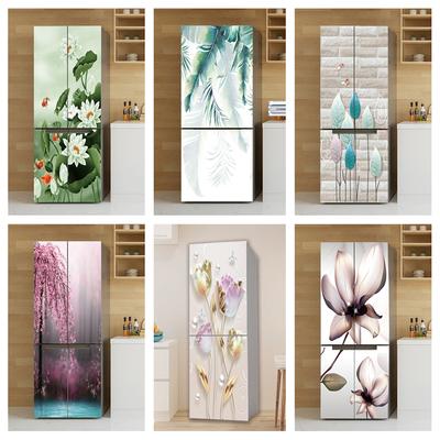 Kitchen Fridge Sticker Vinyl Refrigerator Wallpaper Full Covers Self-adhesive Lotus Flower Mural Freezer Film Decor Poster Decal