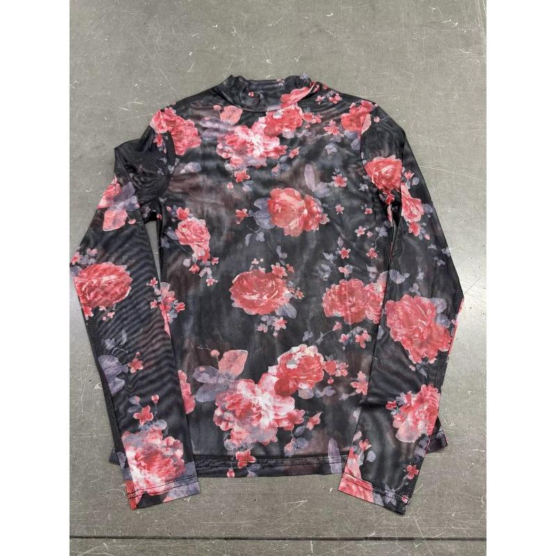 Women's Long Sleeve T-shirt Slim Fit Stand Collar Mesh Retro Printed Floral Women's T-Shirts Fashion Elegant Sexy See Through Base Female Tee Tops