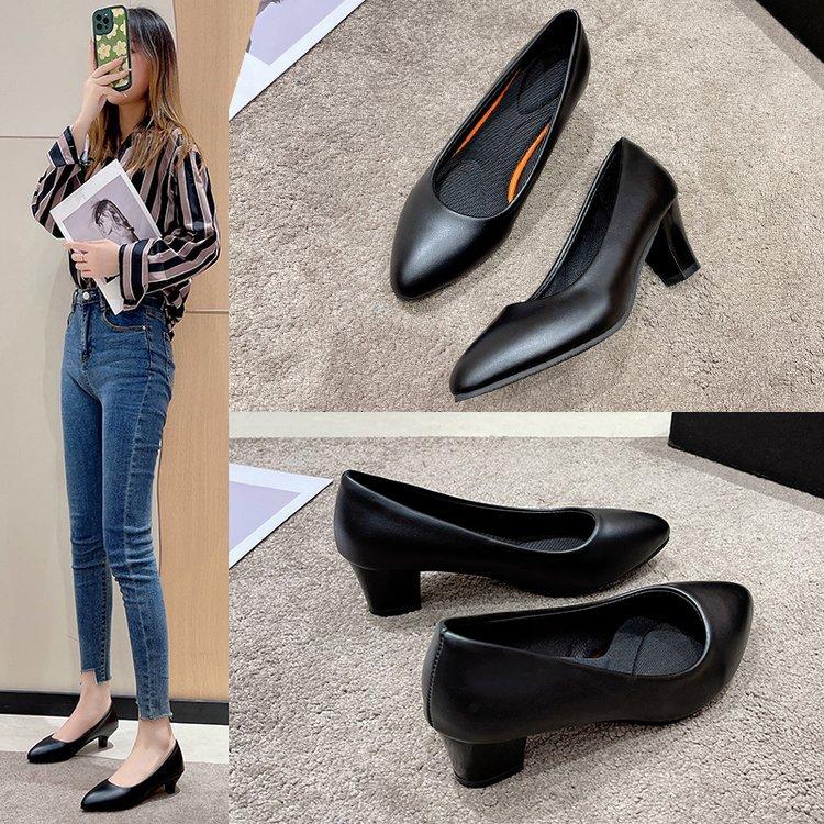 4/5/6cm Thick-heeled Pointed-toe Professional Women's Shoes, Work Shoes, Women's Single Shoes, Black Low-heeled Leather Shoes, Women
