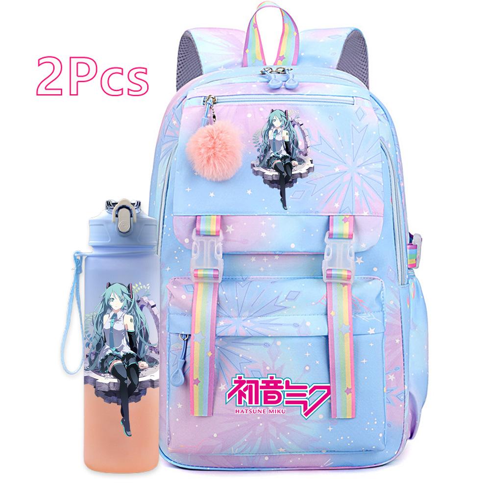 2 st/set Söt Hatsune Miku-tryckt Ryggsäck med 750 ml Vattenflaska för Tonårsflicka Pojke Skolväska Stor Kapacitet Vattentät Resväska Gåva