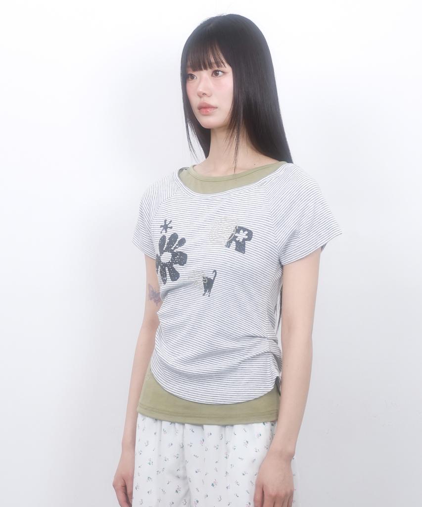 LMR Motif Embroidered Striped Layered T-Shirt Green