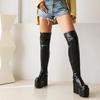 Krazing Pot PU Leather Spring Winter Keep Warm Shoes Super High Heels Waterproof Wedges Stretch Boots Zipper Women Over-the-knee Boots