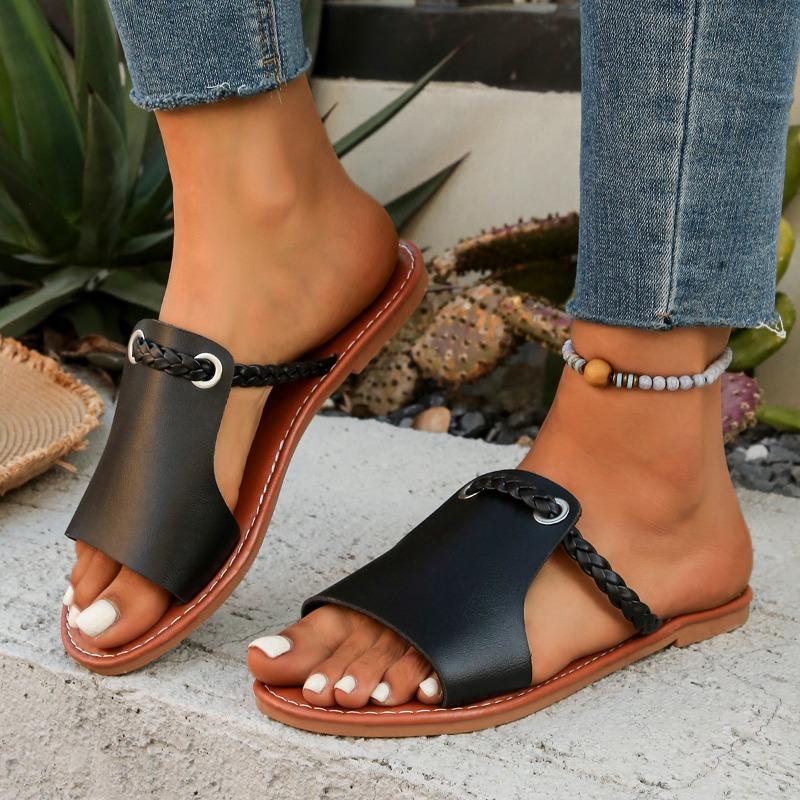 Women's Summer New Solid Color Women's Slippers Large Size Woven Simple Everyday Wear Beach Slippers