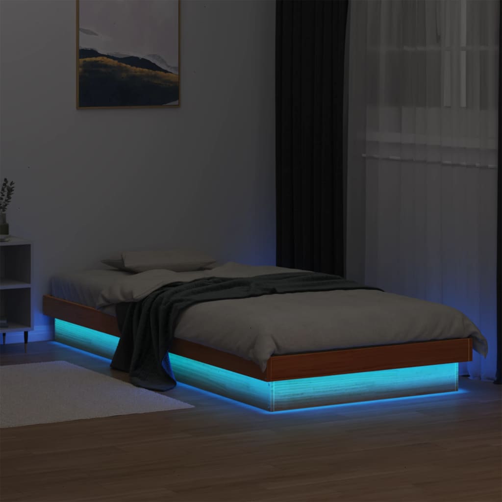 Solid Wood Bed with LED Lighting Wax Brown 100 X 200 Cm Pine