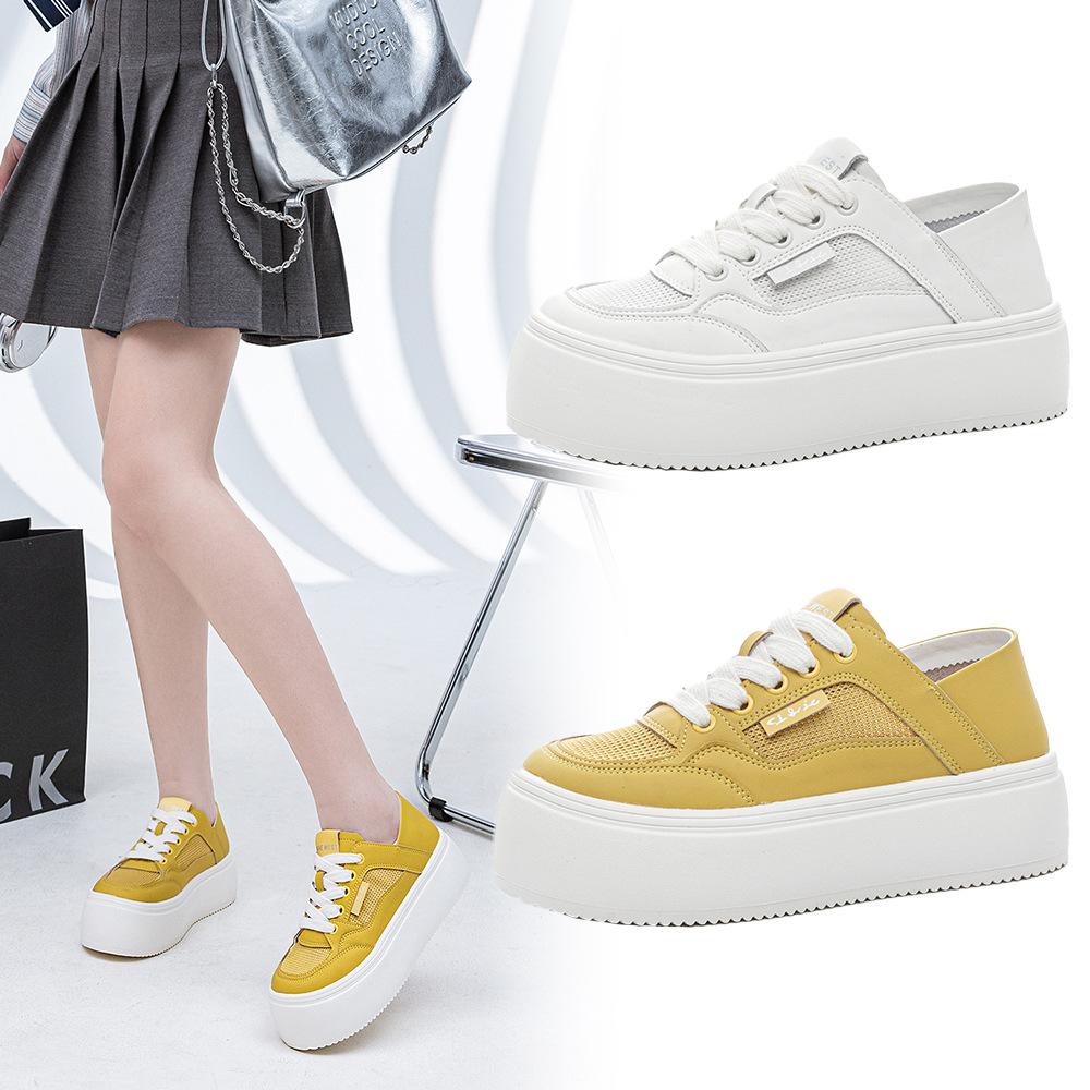 Two wear leather little white shoes women's shoes 2025 summer new mesh breathable biscuit shoes platform single net casual board shoes