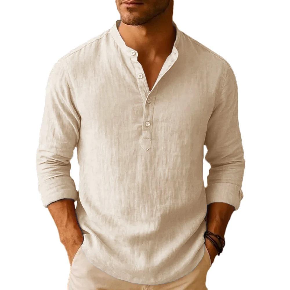 Lightweight Summer Linen Blend Henley Shirt for Men - Breathable Long Sleeve Casual Solid Color Button Tops