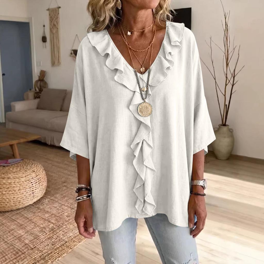 Women's Color Ruffle V-Neck Casual Three-Quarter Sleeve Blouse