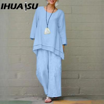Women's Solid Vintage Pants Set Cotton Linen Casual Long Sleeve Loose Cotton Set