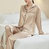 Yousheng 2 Pcs/Set Pajamas Suit Satin Single-breasted Cardigan Shirt V Neck Notch Collar Solid Color Shirt Wide Leg Loose Trousers Nighty Suit