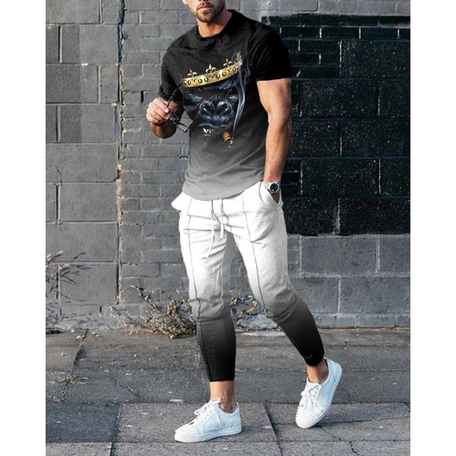 Pánské kalhoty s vtipným úsměvem, tepláková souprava, 2dílná sada, tričko s krátkým rukávem a dlouhé kalhoty, outfity, ležérní obleky, pánské oblečení