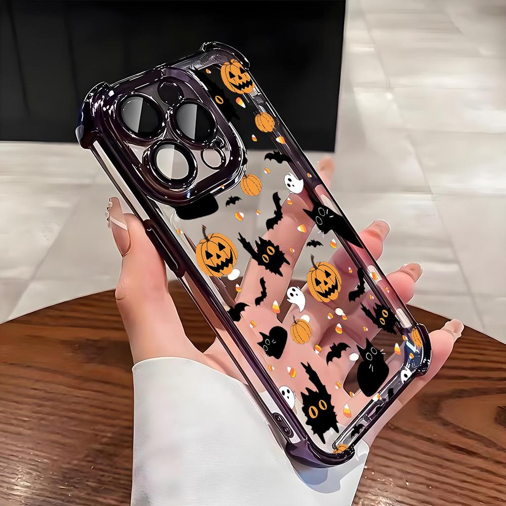 Halloween Black Cat Pumpkin Bat Pattern Phone Case For iPhone 17 16 15 14 13 12 11 Pro Max 15 16 Plus 17Air Airbag Plating Cover