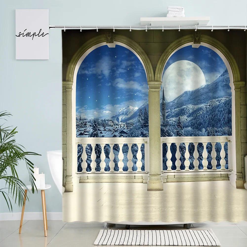 Winter Forest Scenery Shower Curtain Trees Snow Arched Doors Windows Natural Scenery Bathroom Decor With Hook Waterproof Screen