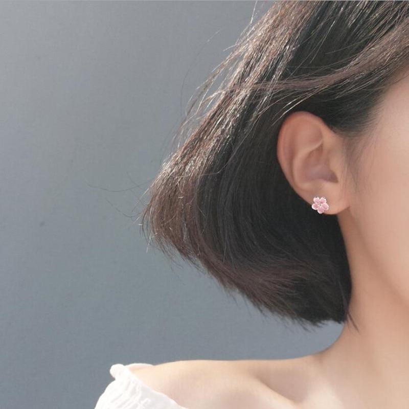 New Arrival Cute Temperament Literary Flower 925 Sterling Silver Jewelry Pink Epoxy Crystal Sweet Stud Earrings E177