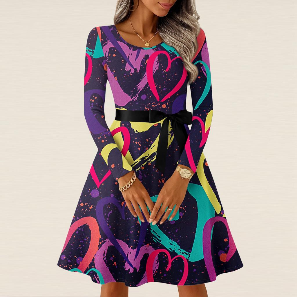 Damen Casual Mode Langarm Vintage Lange Kleider Frühling Valentinstag