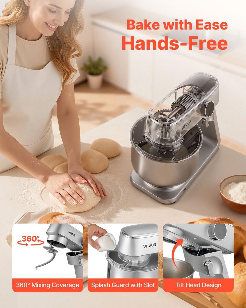 Stand Mixer, 7.4 L Electric Kitchen Mixer, 1800W Dough-Mixer, 10 Speeds Tilt-head Food-Mixer with Stainless Steel Bowl, Dough Hook, Whisk, Beater, for