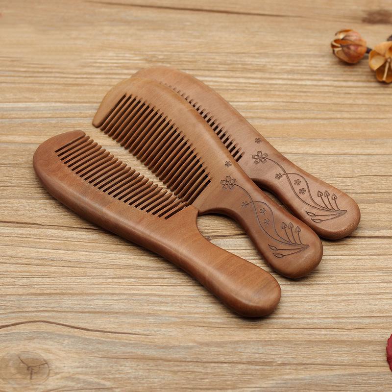 Solid Wood Peach Comb for Head Massage - Engraved Design for Women & Men