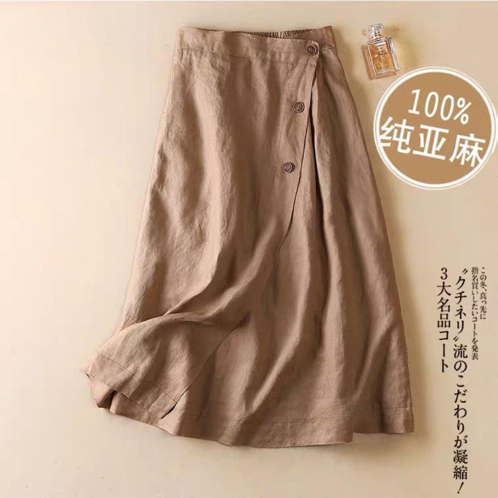 Gonna midi a pieghe con vita alta in misto lino da donna, stile casual a portafoglio con bottoni